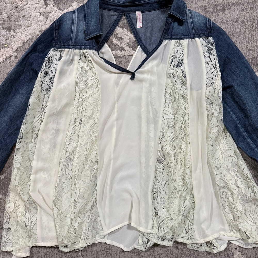 Free People Blue and Cream Lace Blouse
